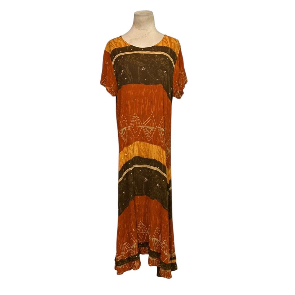 La Cera brown yellow short sleeves midi dress size Large